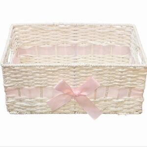 At Home Decorative Wicker Storage Basket w/Pink Ribbon